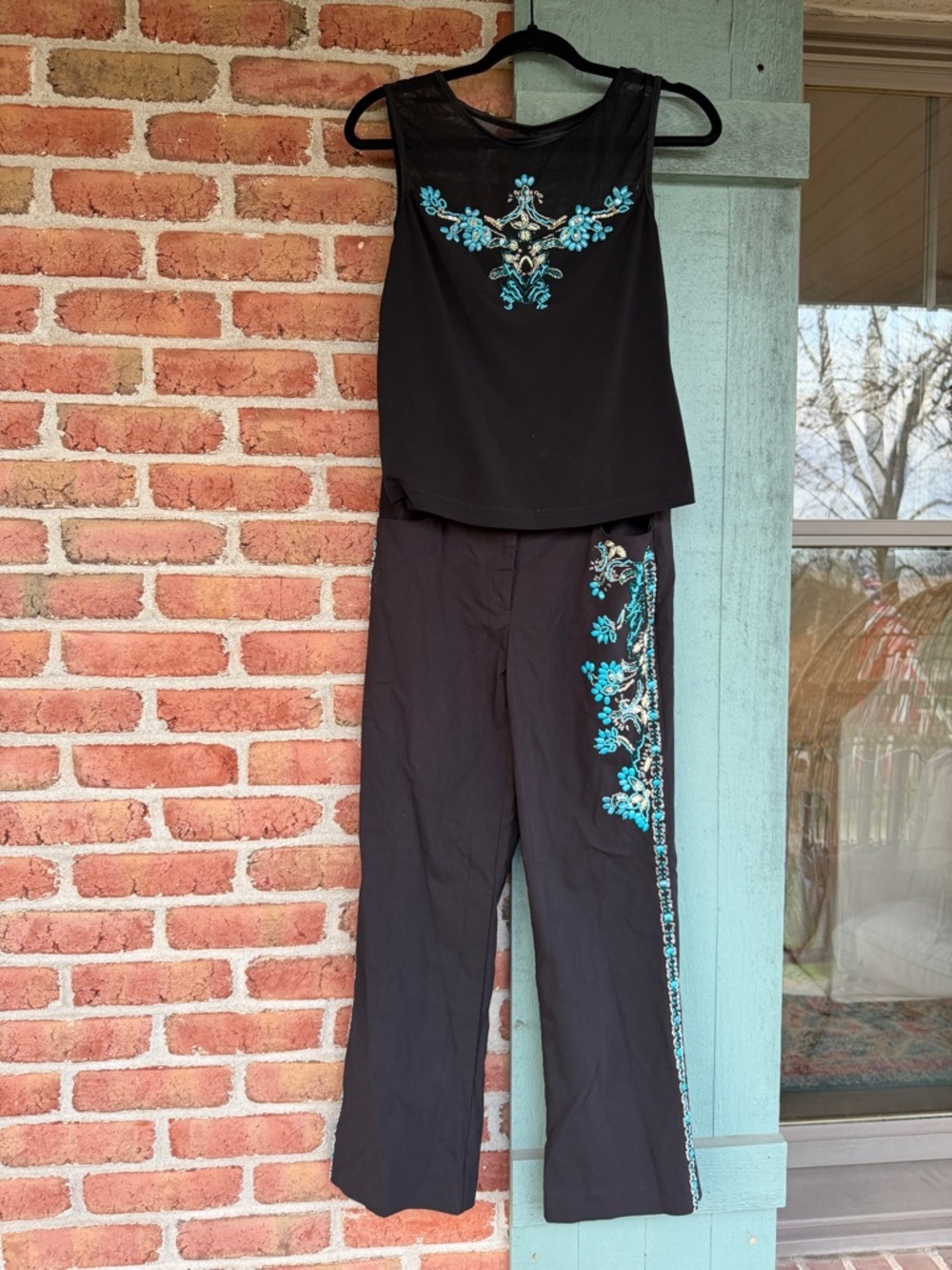 NFR Western Turquoise SET- Black Pants & Sleeveless Mesh Top Beading Embroidery